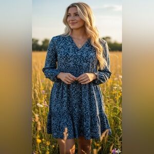 BeachLunchLounge Dress Blue Floral Long Sleeve Tiered Beachy Boho Sz Medium